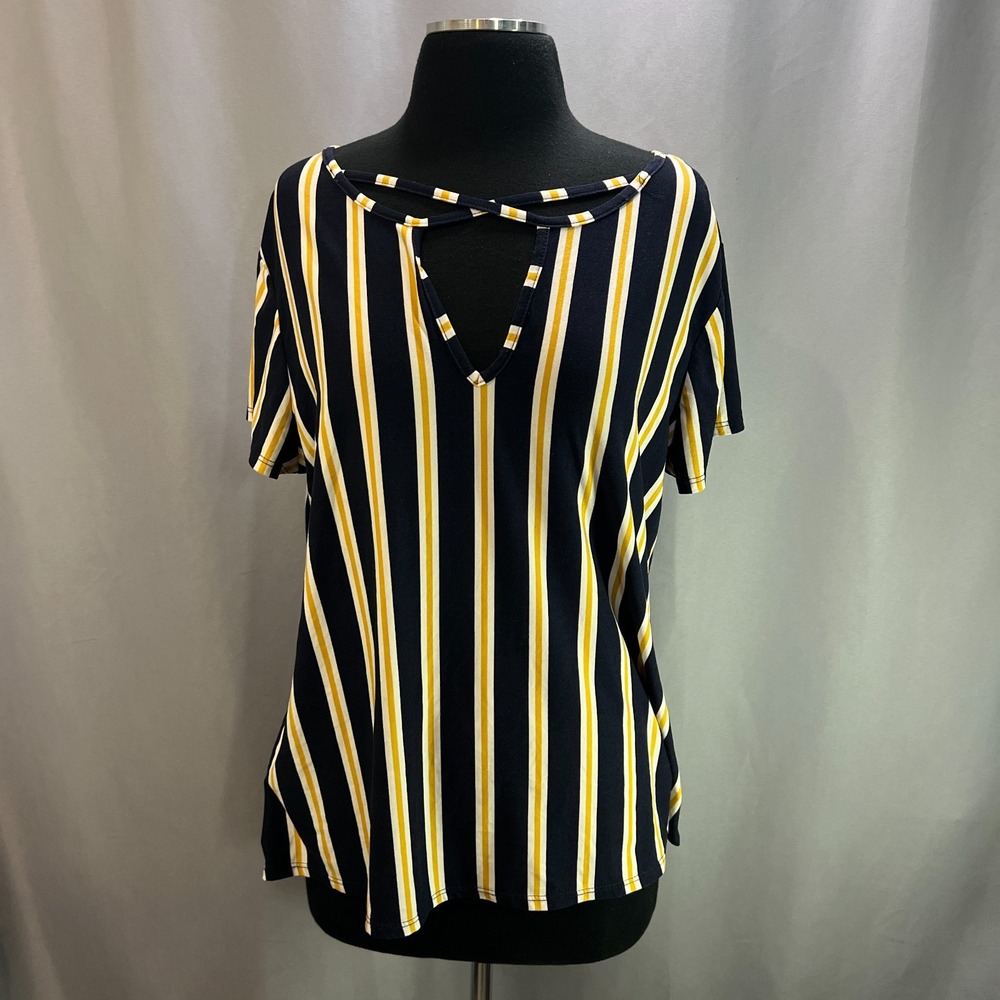 Vibe Sportswear Blouse Top Womens 1X Multi Stripe Stretch Crisscross Neck Detail
